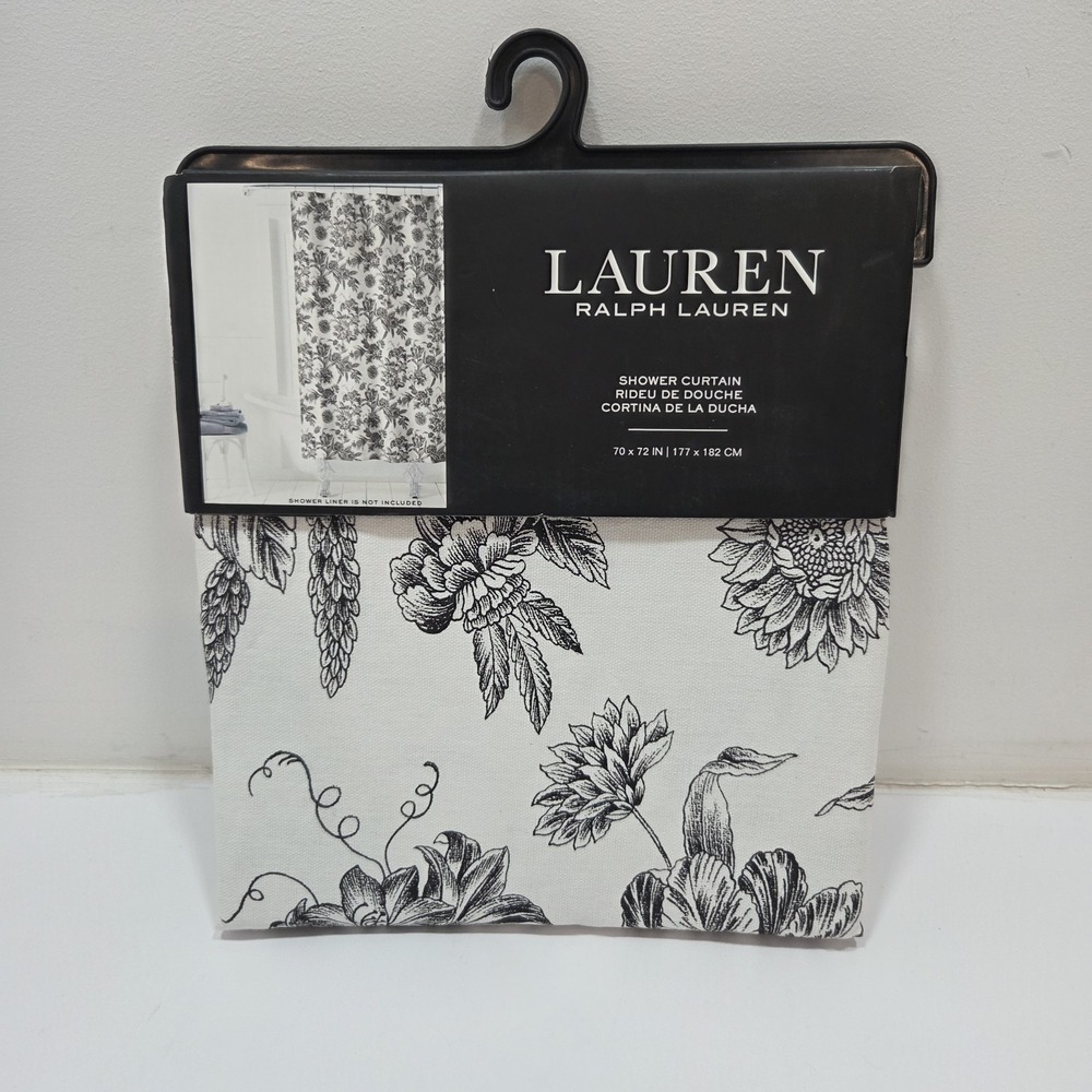 NIP Ralph Lauren 70" x 72" Flowers Fabric Shower Curtain Black White